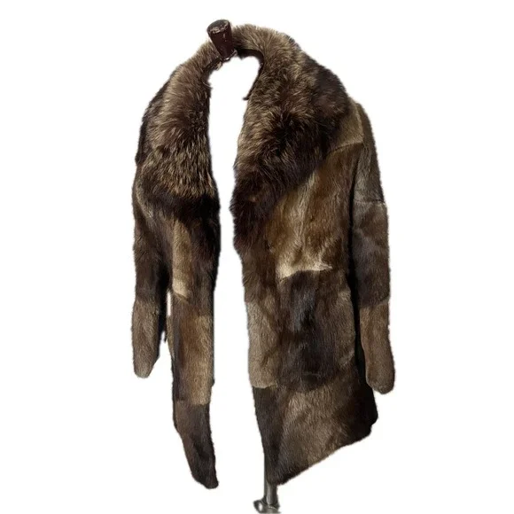 Vintage Mandel's Raccoon Fur Patchwork Leather Pea Coat Women's Size L- XL Brown - Picture 5 of 12